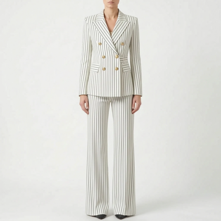 Zakelijk elegant dames broekpak, 2-delig, met gestreepte blazer en wijde pijpen broek.