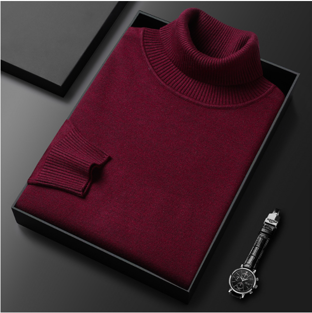 Man draagt een stijlvolle heren coltrui, luxe wintermode voor een complete outfit.
