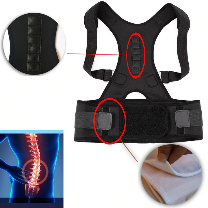 Detailopname van de zwarte magnetische rugbrace en ademende stof