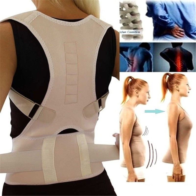 Vrouw draagt de beige magnetische rugbrace voor een rechte houding