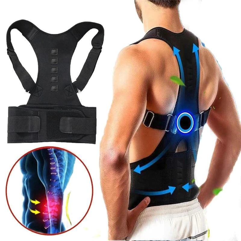 Man draagt de zwarte magnetische rugbrace met zichtbare rugondersteuning