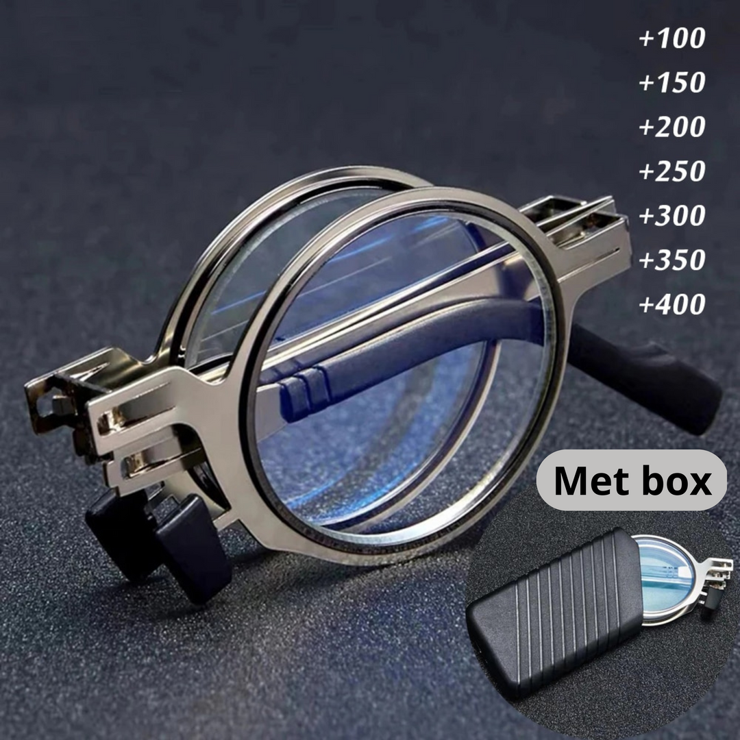 Ronde opvouwbare leesbril met blauwlichtfilter voor oogcomfort, zilverkleurig frame. Stijlvol en flexibel.