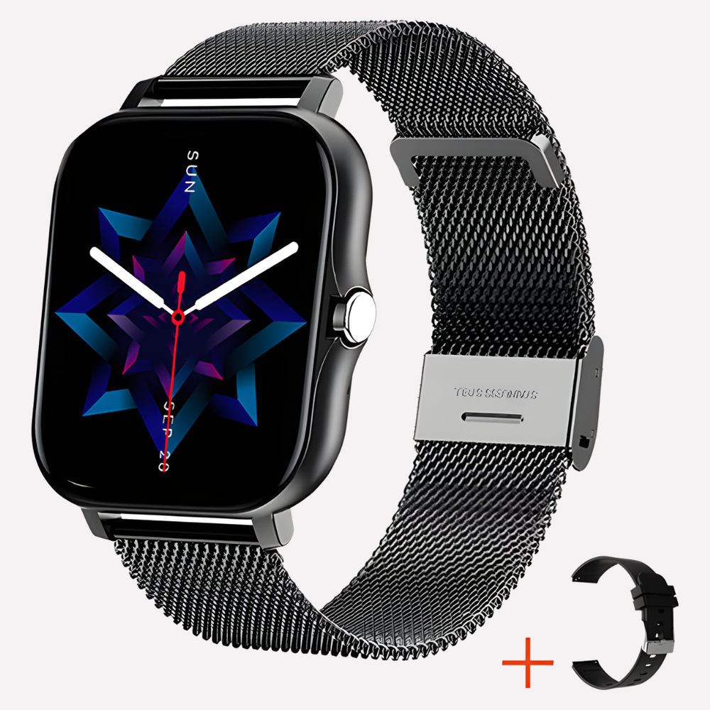 Stijlvolle unisex smartwatch in goud, zwart, roze of zilver met handige SOS noodoproep functie.