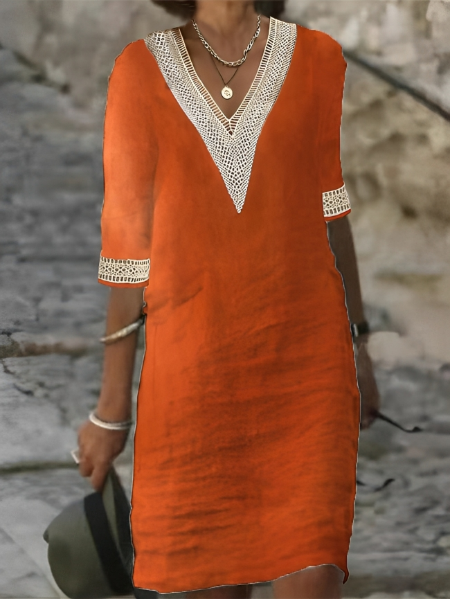 Comfortabele dames midi zomerjurk van ademend linnen, voor een luchtige, elegante en veelzijdige zomerlook.