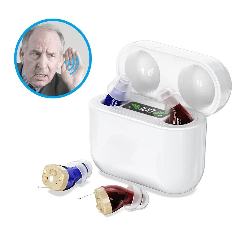 Set van discrete geluidsversterkers en accessoires voor gehoorondersteuning
