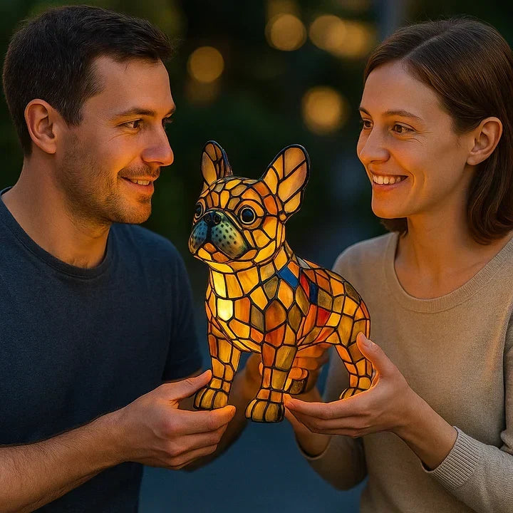 Een gelukkig stel toont de stralende Lumidog Franse Bulldog lamp als perfect cadeau.