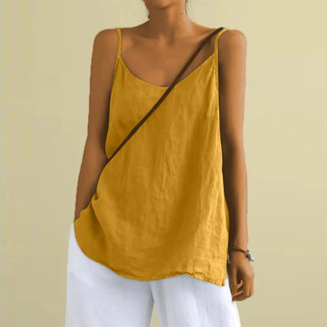 Zwarte elegante dames mouwloze top met V-hals; veelzijdige casual damestop voor de zomer.