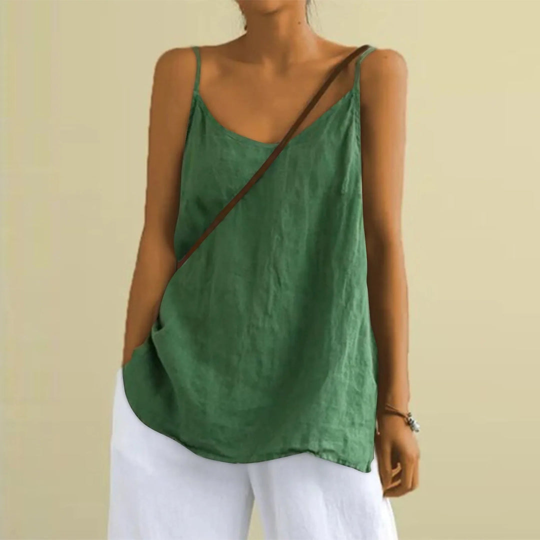 Gele dames mouwloze top met V-hals; comfortabele losse pasvorm voor een luchtige zomerse look.