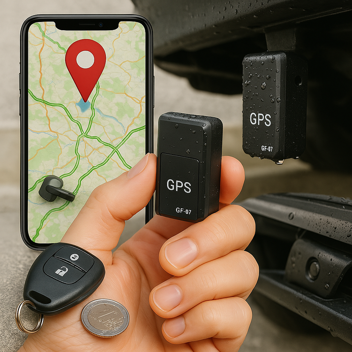 Compacte AutoSafe Mini GPS tracker in handpalm met autosleutel en een telefoon die real-time locatie toont