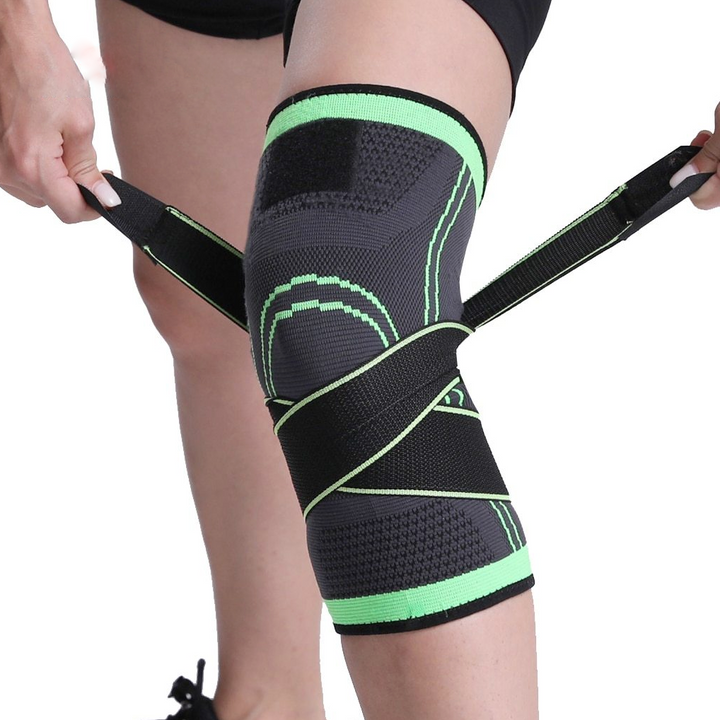"360 compressie kniebrace, zwarte elastische stof, biedt steun bij kniepijn, geschikt voor sport en dagelijks gebruik."