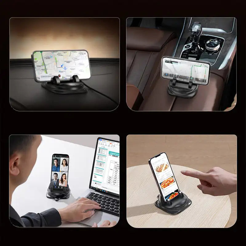 "360° draaibare telefoonhouder voor auto, met sterke grip en eenvoudige installatie, perfect voor elke smartphone"