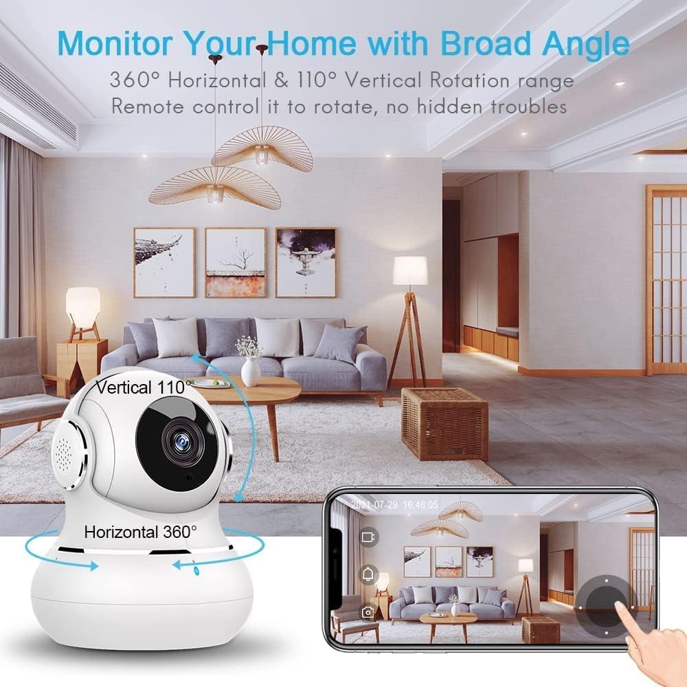 "360° nachtzicht babyfoon camera met tweerichting audio, compact design voor in de babykamer."