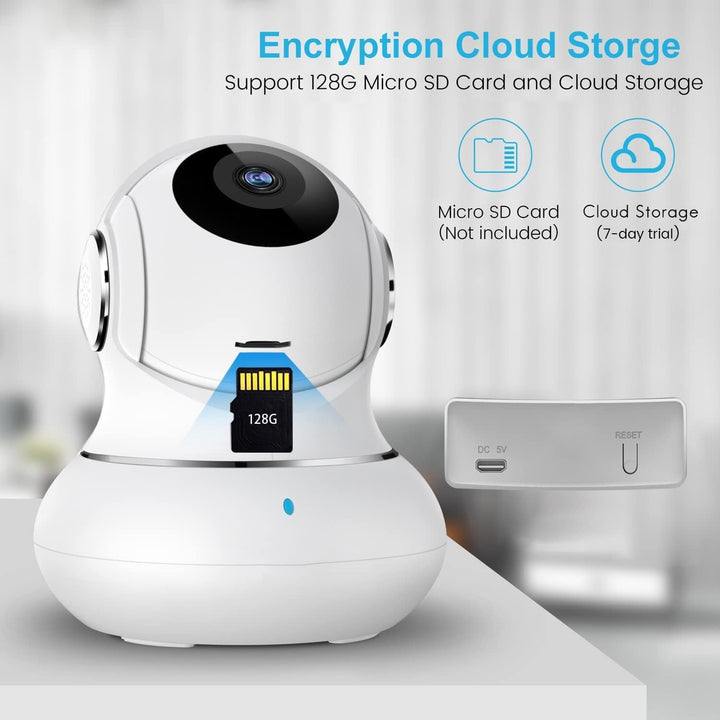 "360° nachtzicht babyfoon camera met tweerichting audio, compact design voor in de babykamer."