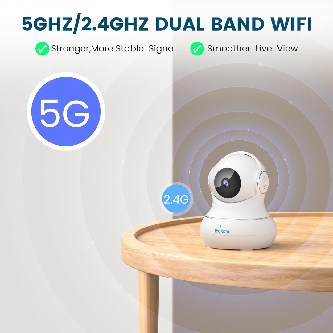 "360° nachtzicht babyfoon camera met tweerichting audio, compact design voor in de babykamer."