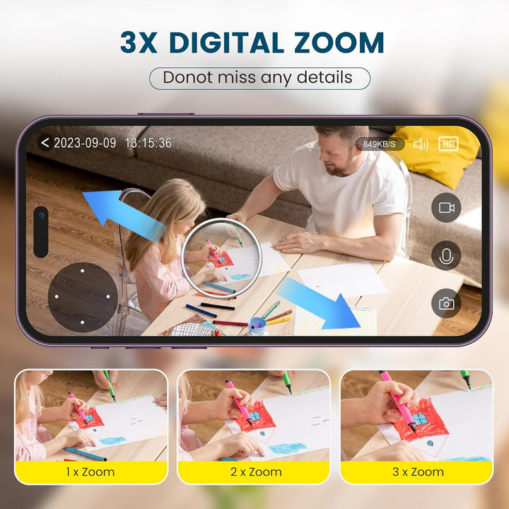 "360° nachtzicht babyfoon camera met tweerichting audio, compact design voor in de babykamer."