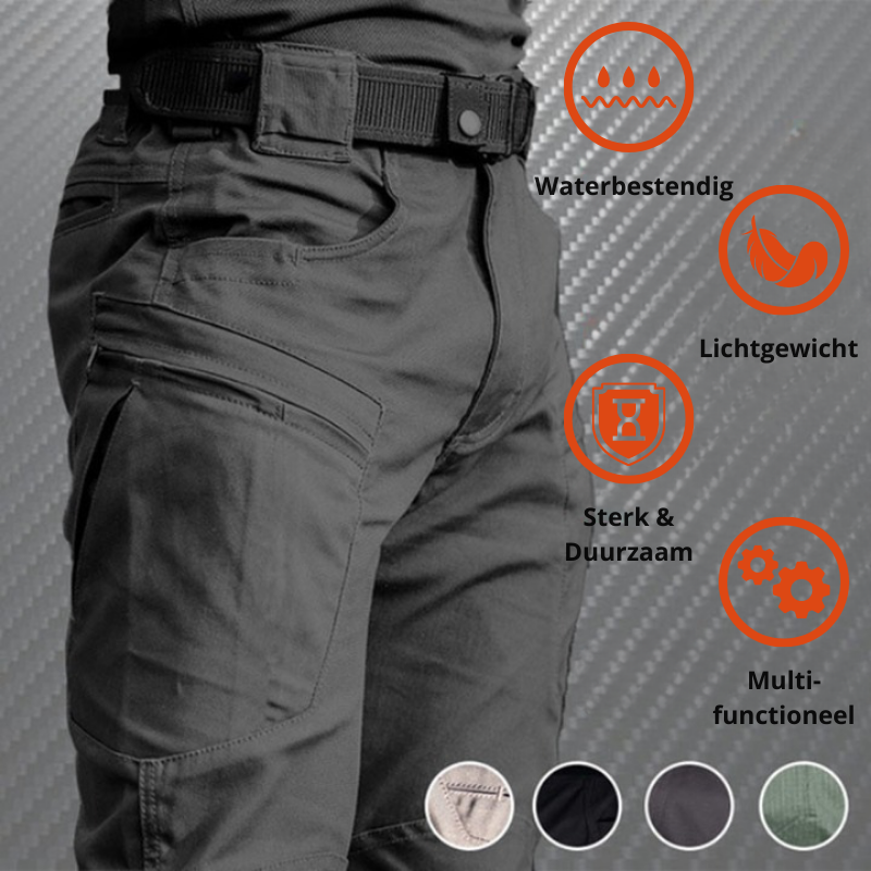 Detail van ruime cargozakken op de Mannen Cargo Broek Eddy, perfect voor tactisch en avontuurlijk gebruik.
