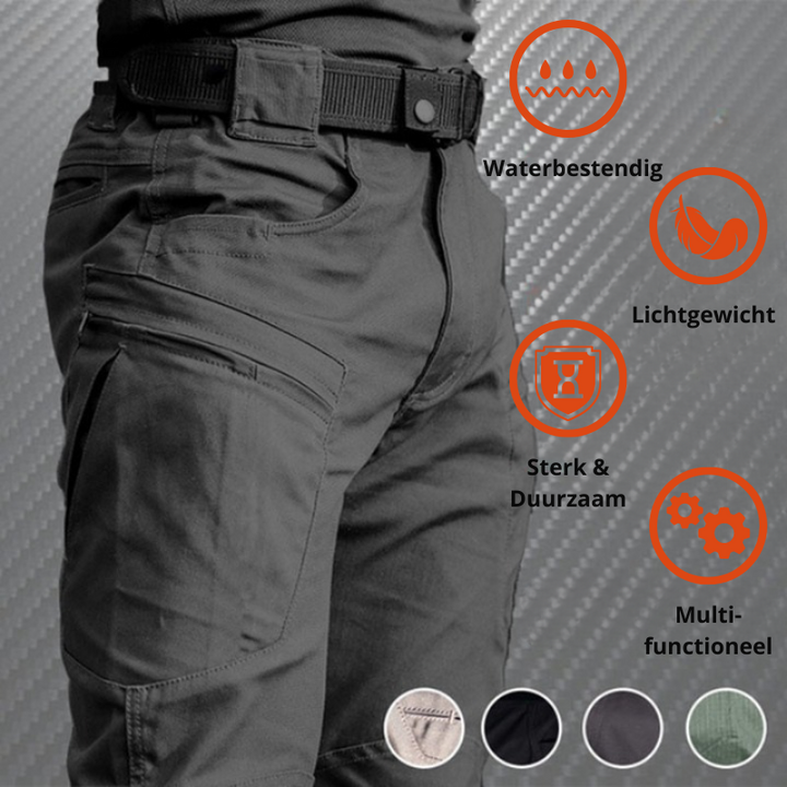 Detail van ruime cargozakken op de Mannen Cargo Broek Eddy, perfect voor tactisch en avontuurlijk gebruik.