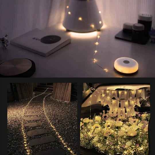 Waterdichte campinglamp opgehangen aan een boom tijdens het kamperen