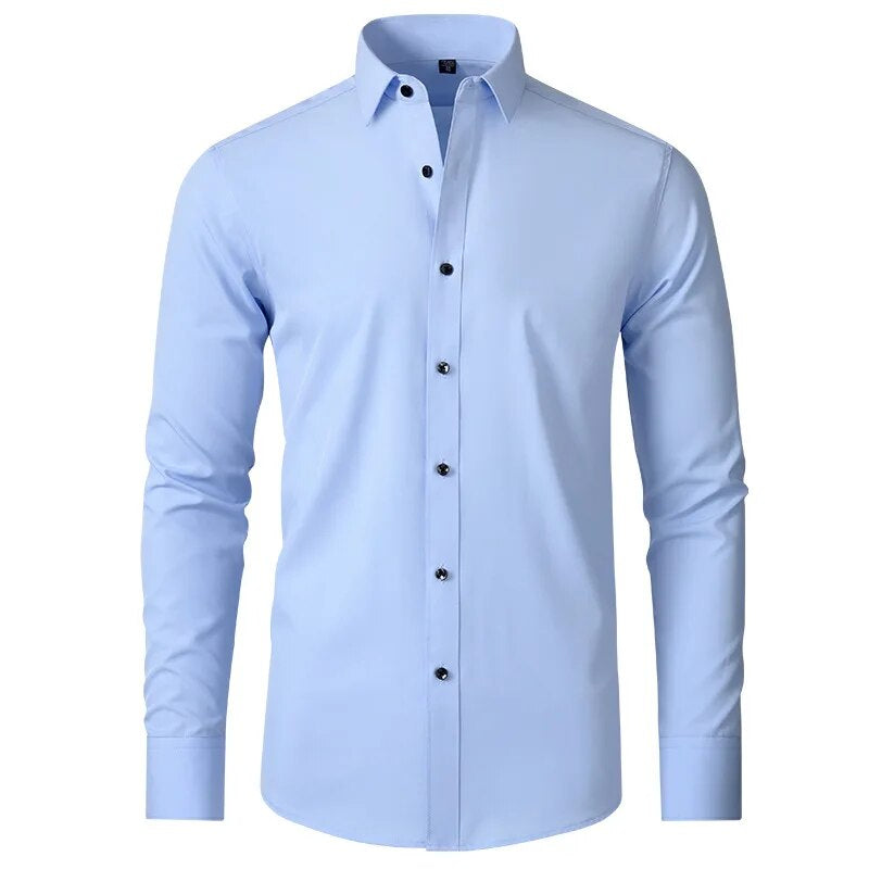 Net blauw strijkvrij overhemd voor heren, kreukvrij en stijlvol voor formele gelegenheden.