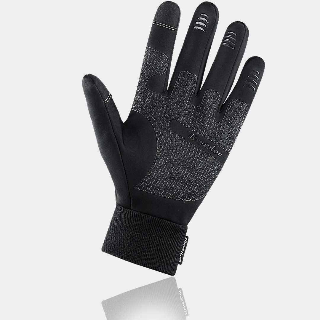 Grijs-zwarte unisex touchscreen handschoenen, ideaal voor koude dagen, houden handen warm en bedienen smartphones.