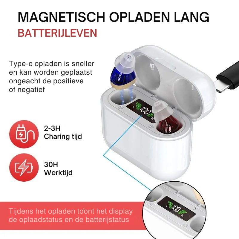 Magnetisch opladen van het hoortoestel met handige batterijstatus indicator
