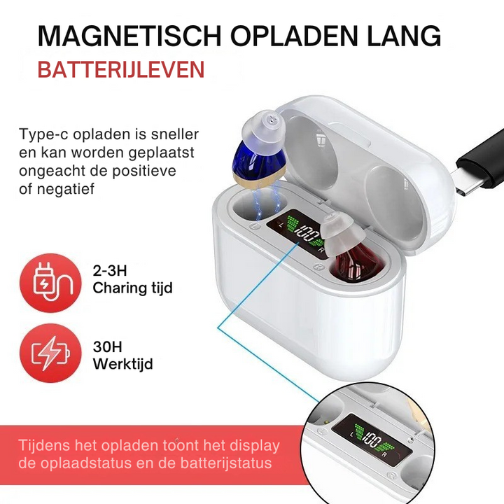 Magnetisch opladen van het hoortoestel met handige batterijstatus indicator