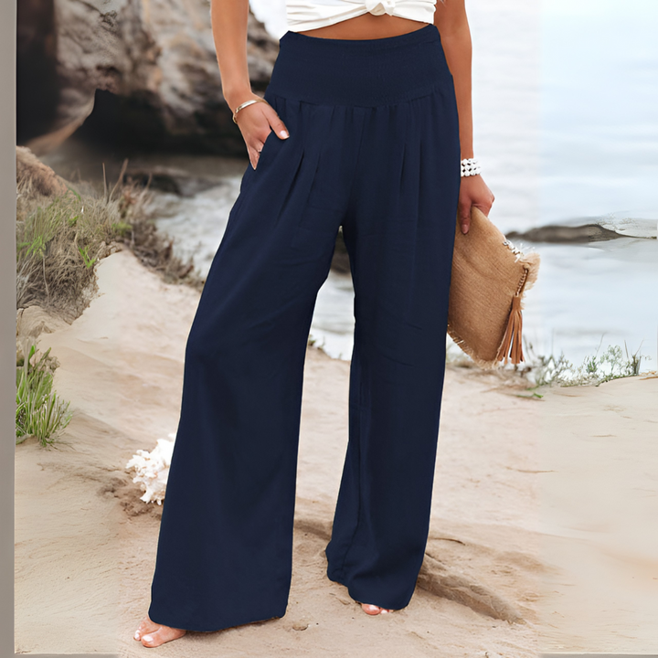 Casual dames broek met hoge taille en stretch, ideaal voor ontspanning of actieve dagen.