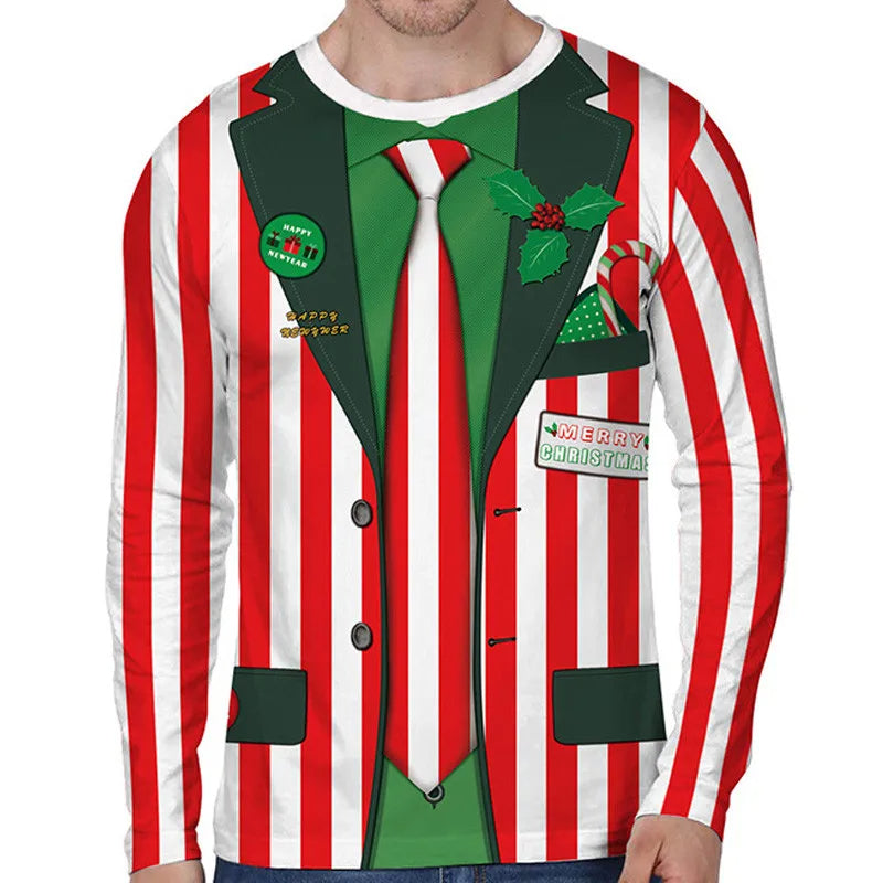 Rood-wit gestreepte foute kersttrui met feestelijke colbert print voor heren