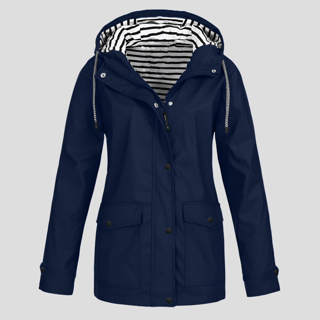 Marineblauwe dames outdoorjas, beschermend en modieus