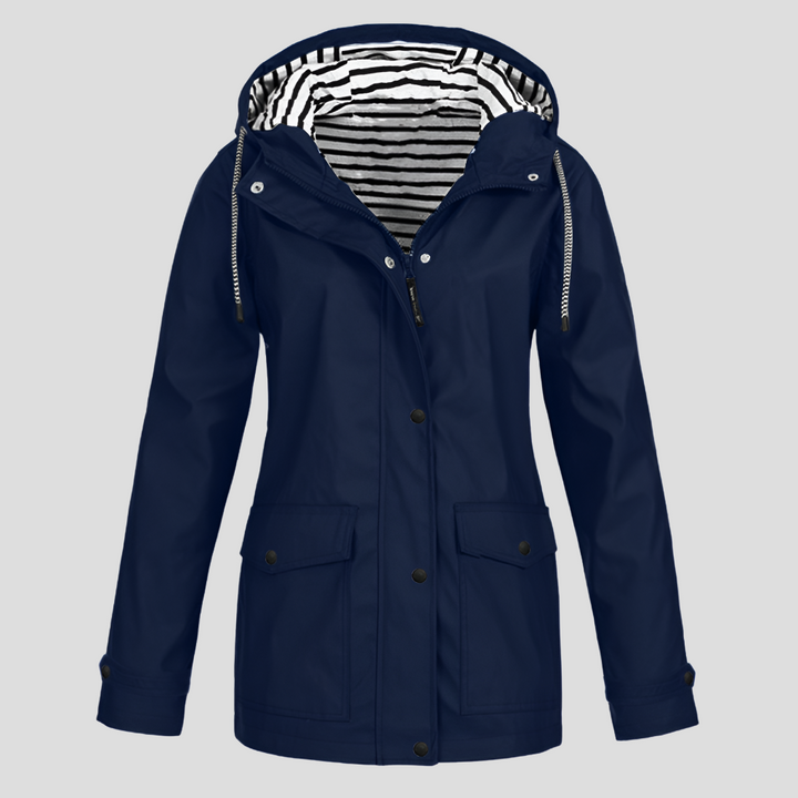 Marineblauwe dames outdoorjas, beschermend en modieus