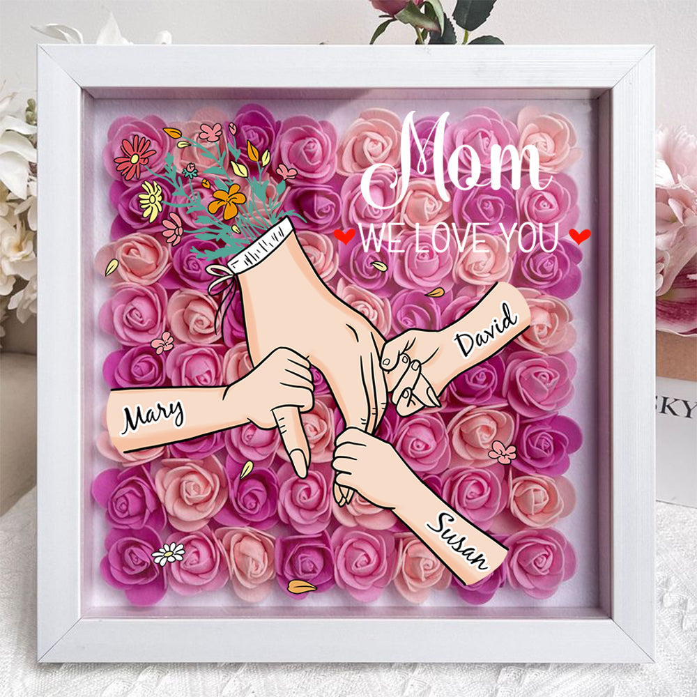 Uniek Moederdag cadeau: vierkante schaduwdoos met bloemen en gepersonaliseerde namen.