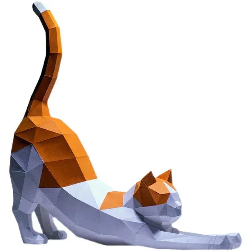 "3D papercraft kat model, DIY decorstuk, 62cm hoog, modern en uitgerekt design voor stijlvol huisdecor."