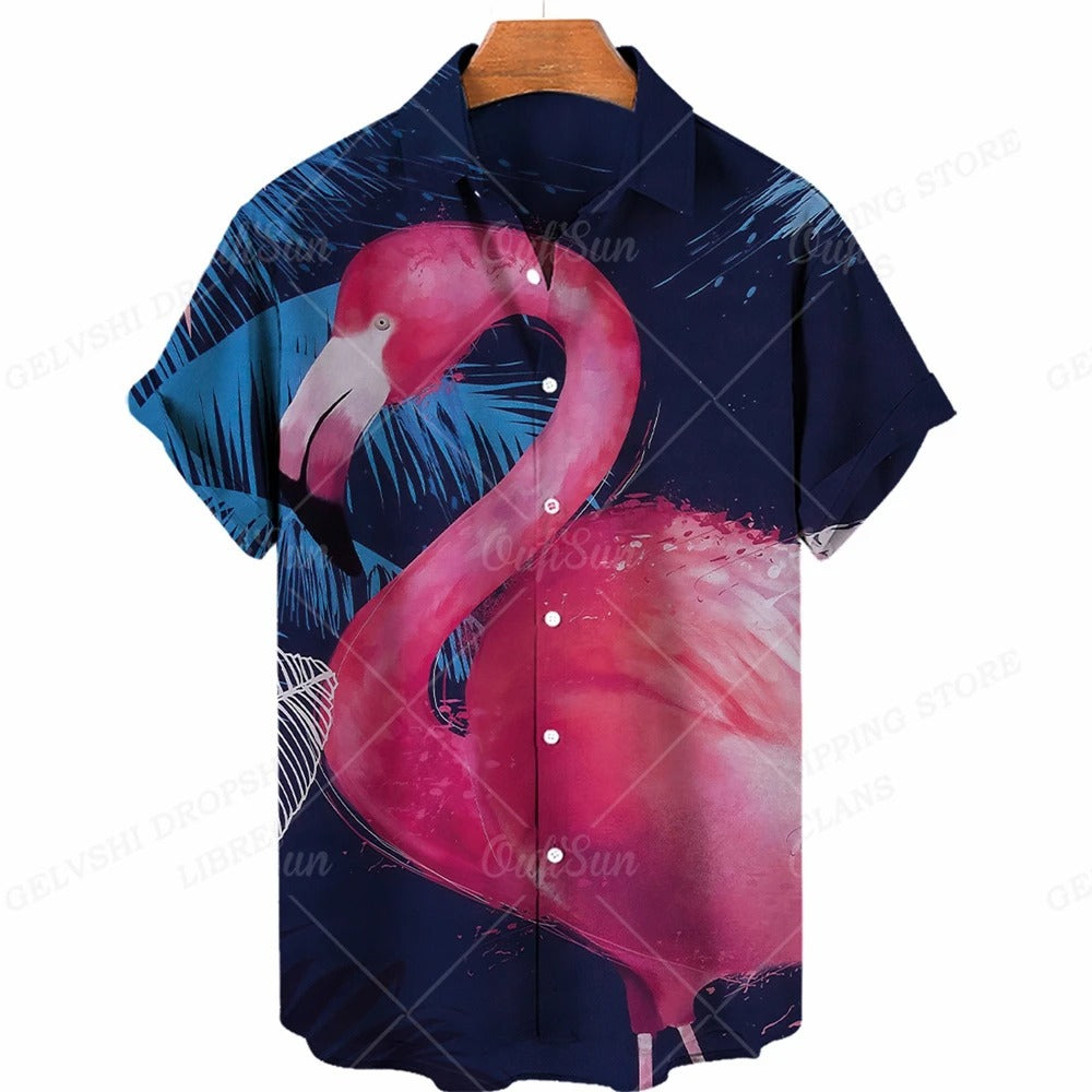 Heren hawaïhemd met korte mouw en opvallende flamingo print voor de zomer