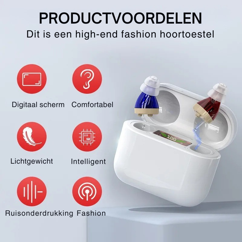 Oplaadbaar onzichtbaar hoortoestel in oortje voor discrete gehoorversterking