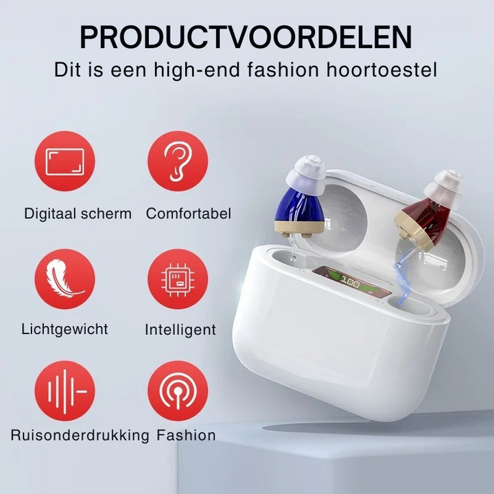 Oplaadbaar onzichtbaar hoortoestel in oortje voor discrete gehoorversterking