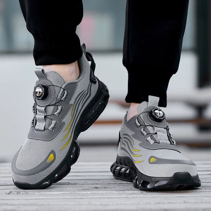 Heren veiligheidssneakers met stalen neus en draaiknopsluiting; ideaal voor werk.