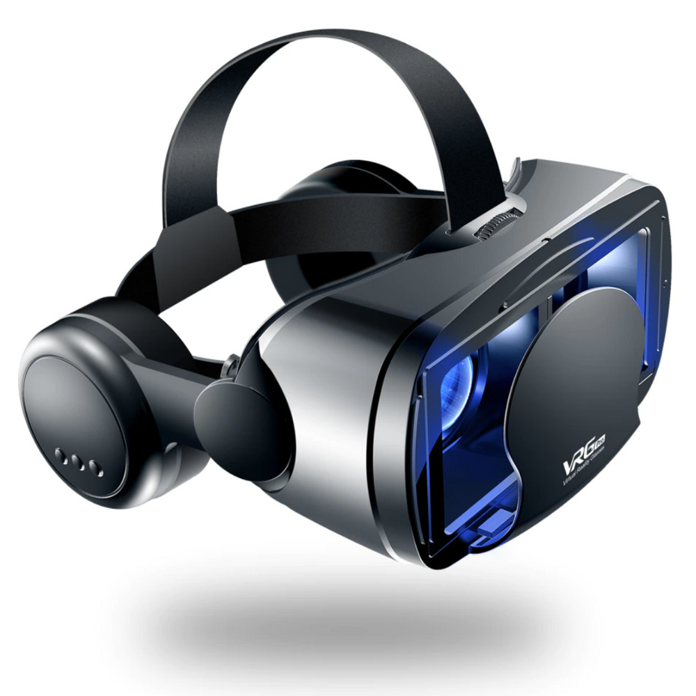 Zwarte VR bril met comfortabele hoofdband en ingebouwde audio voor smartphone gaming & films.