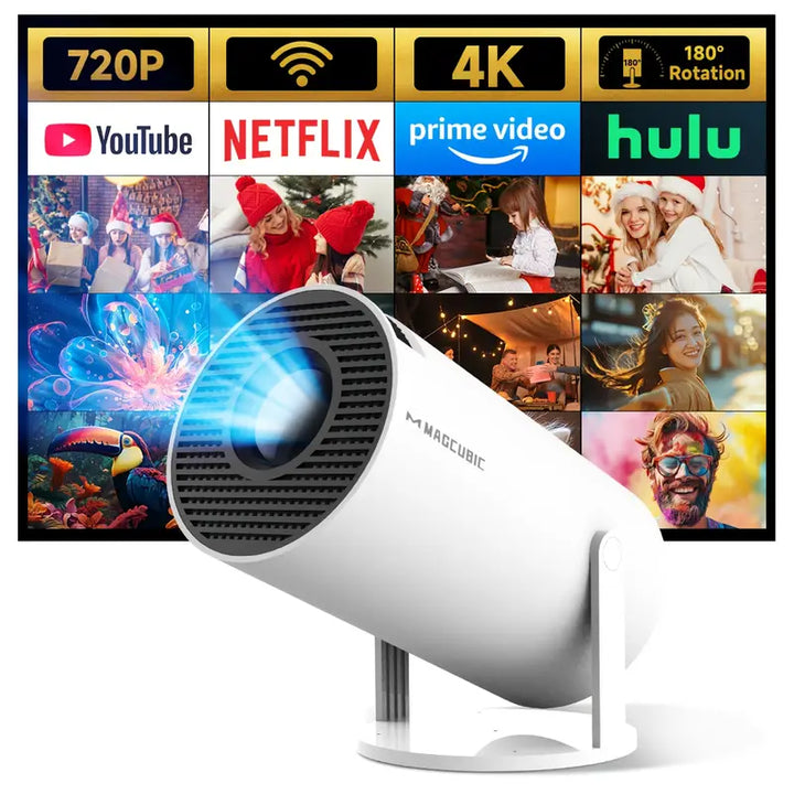 "4K mini beamer met Android 11, Dual WiFi 6; compacte projector in wit, geschikt voor thuisentertainment in hoge resolutie."