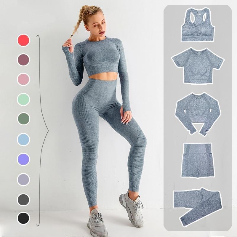 "5-delige dames sportset, met trendy top en hoge taille legging, perfect voor stijl en comfort tijdens elke activiteit."