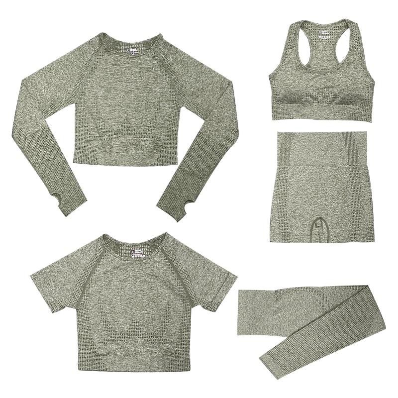 "5-delige dames sportset, met trendy top en hoge taille legging, perfect voor stijl en comfort tijdens elke activiteit."