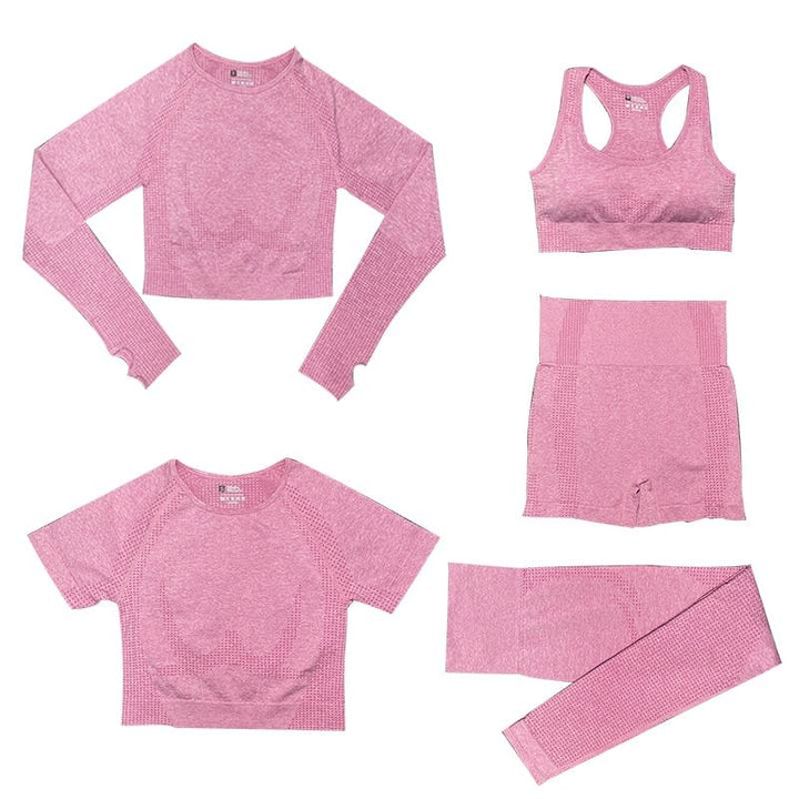 "5-delige dames sportset, met trendy top en hoge taille legging, perfect voor stijl en comfort tijdens elke activiteit."