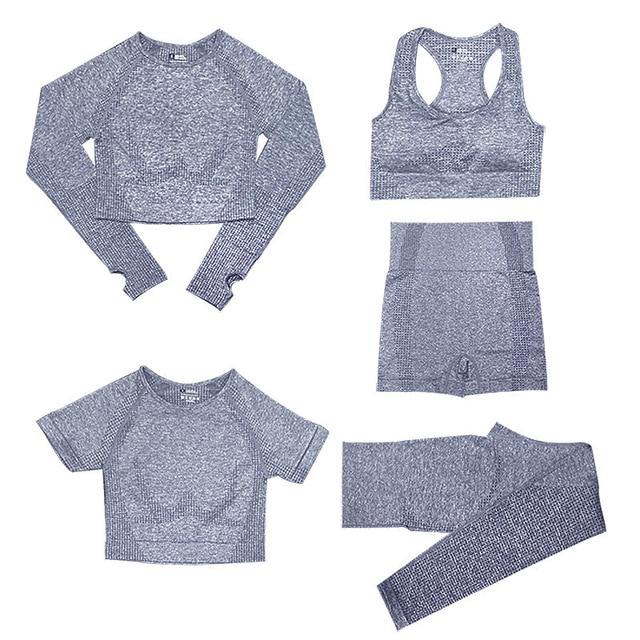 "5-delige dames sportset, met trendy top en hoge taille legging, perfect voor stijl en comfort tijdens elke activiteit."