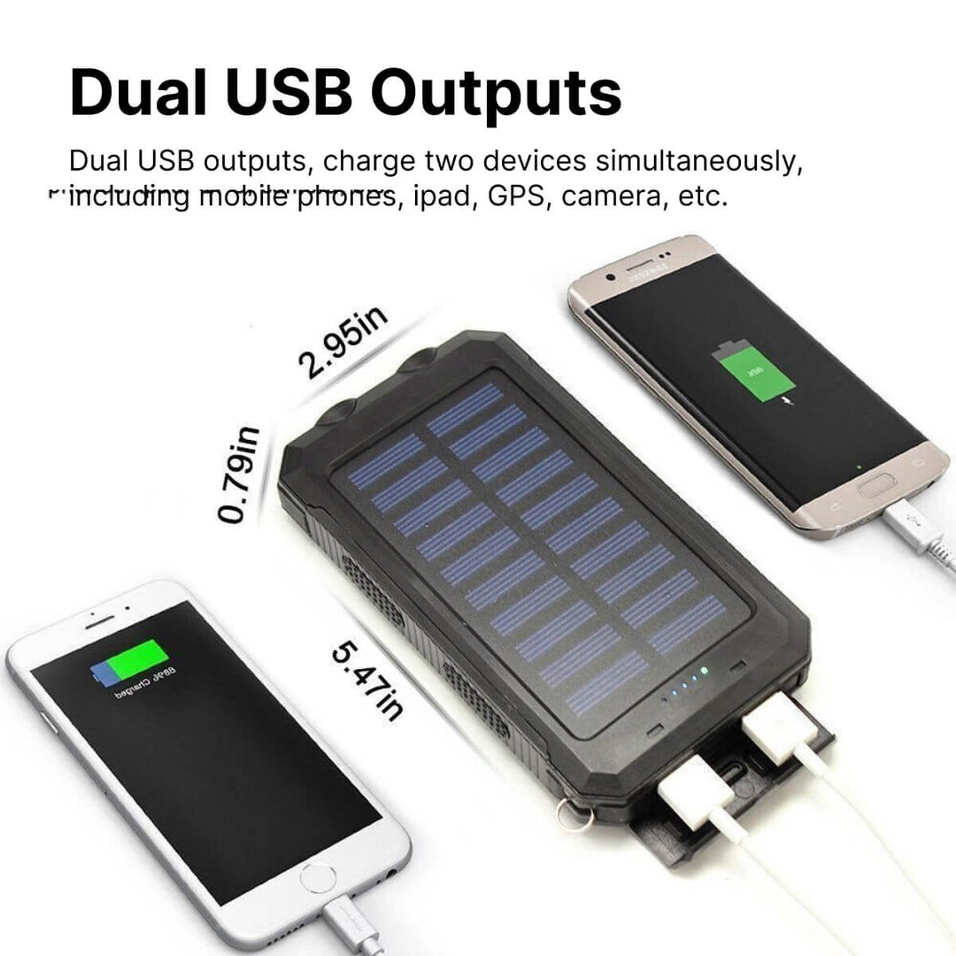 "500000mAh waterdichte zonne-oplader powerbank met dubbele USB-poorten en LED-zaklamp, ideaal voor outdoor gebruik"