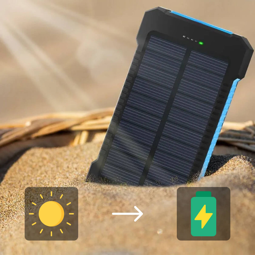 "500000mAh waterdichte zonne-oplader powerbank met dubbele USB-poorten en LED-zaklamp, ideaal voor outdoor gebruik"