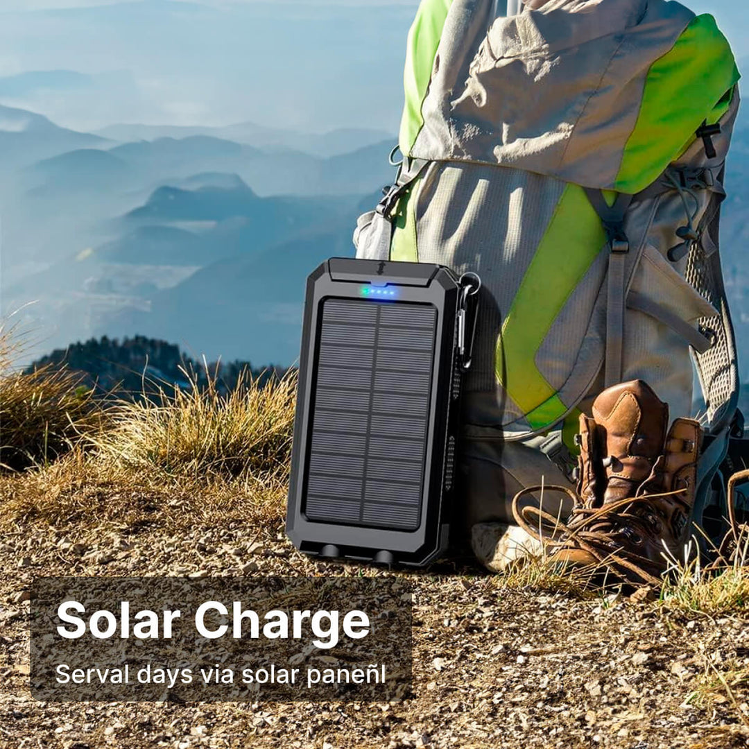 "500000mAh waterdichte zonne-oplader powerbank met dubbele USB-poorten en LED-zaklamp, ideaal voor outdoor gebruik"