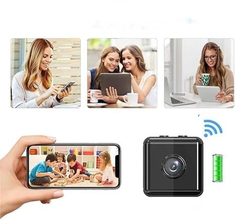 Compacte draadloze wifi beveiligingscamera met 1080p HD video, nachtzicht en bewegingsdetectie voor huisbeveiliging.
