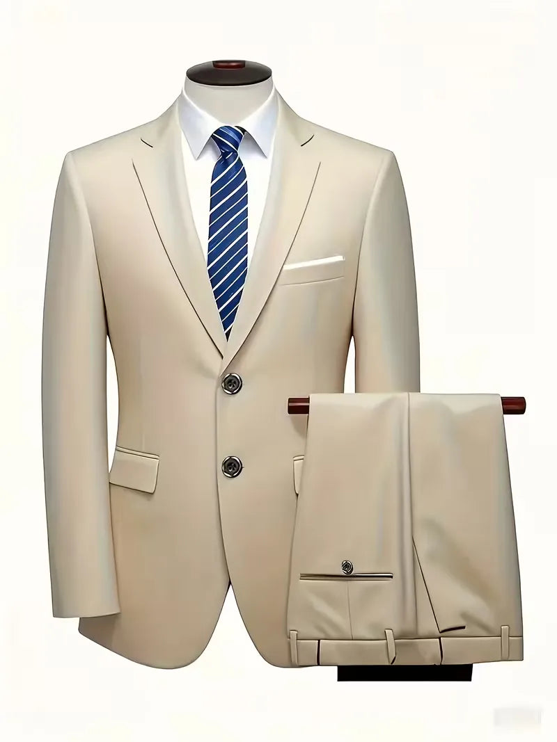 Formeel beige herenpak met jasje en broek op paspop