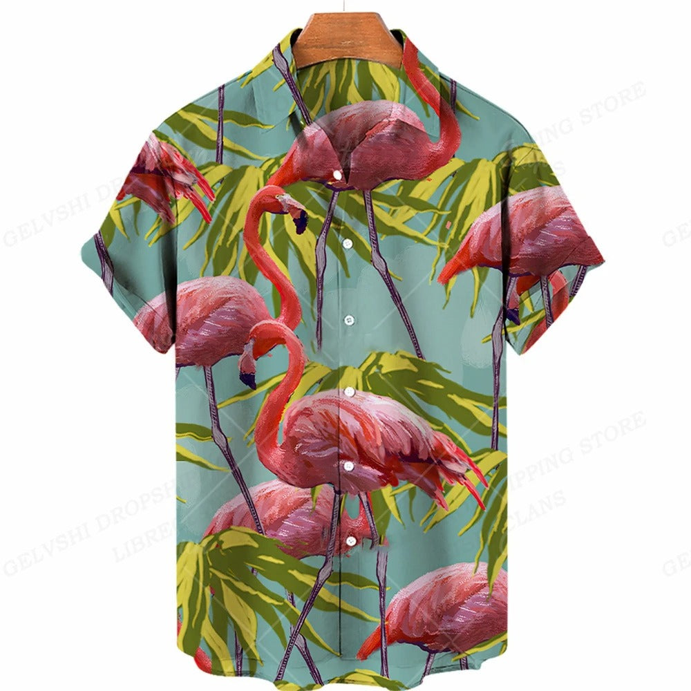 Heren Hawaïhemd met tropische flamingo en bamboe print