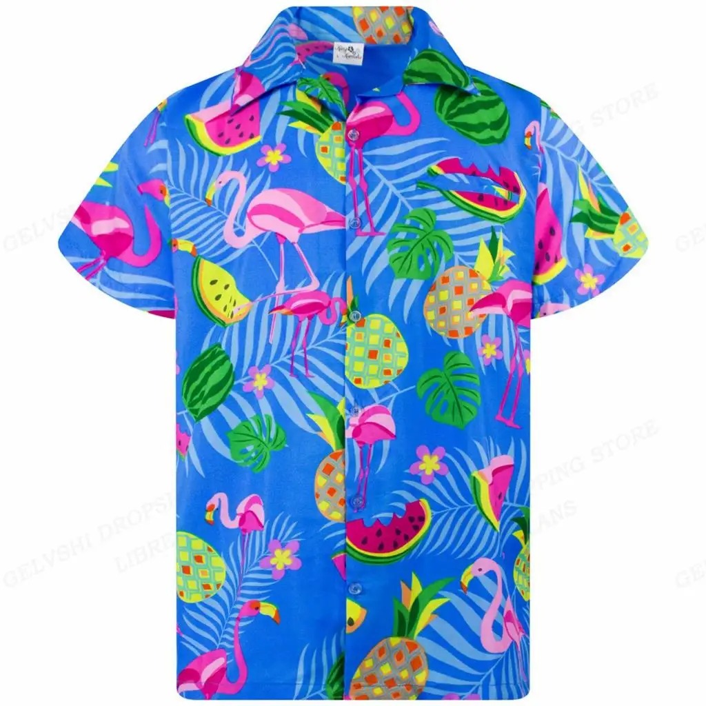 Casual herenblouse met korte mouwen en zomerse flamingo motieven