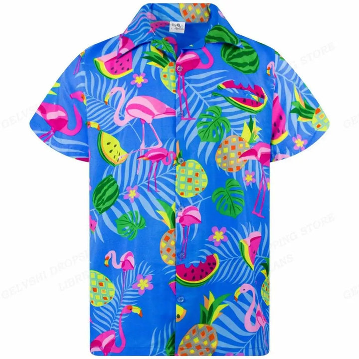 Casual herenblouse met korte mouwen en zomerse flamingo motieven